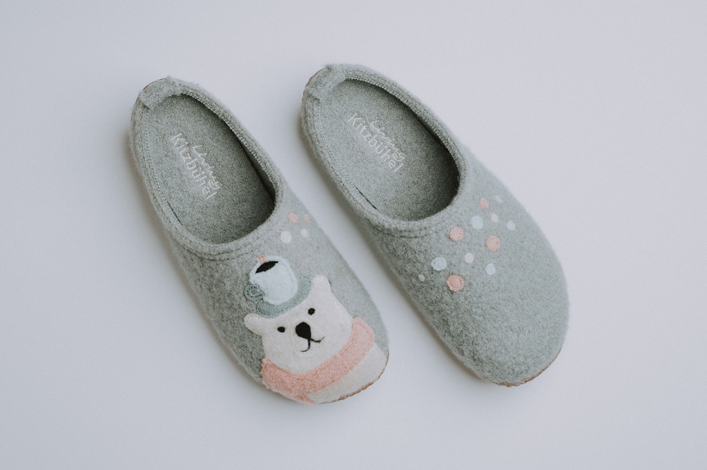 Pantoffel wol groen beer insteker 