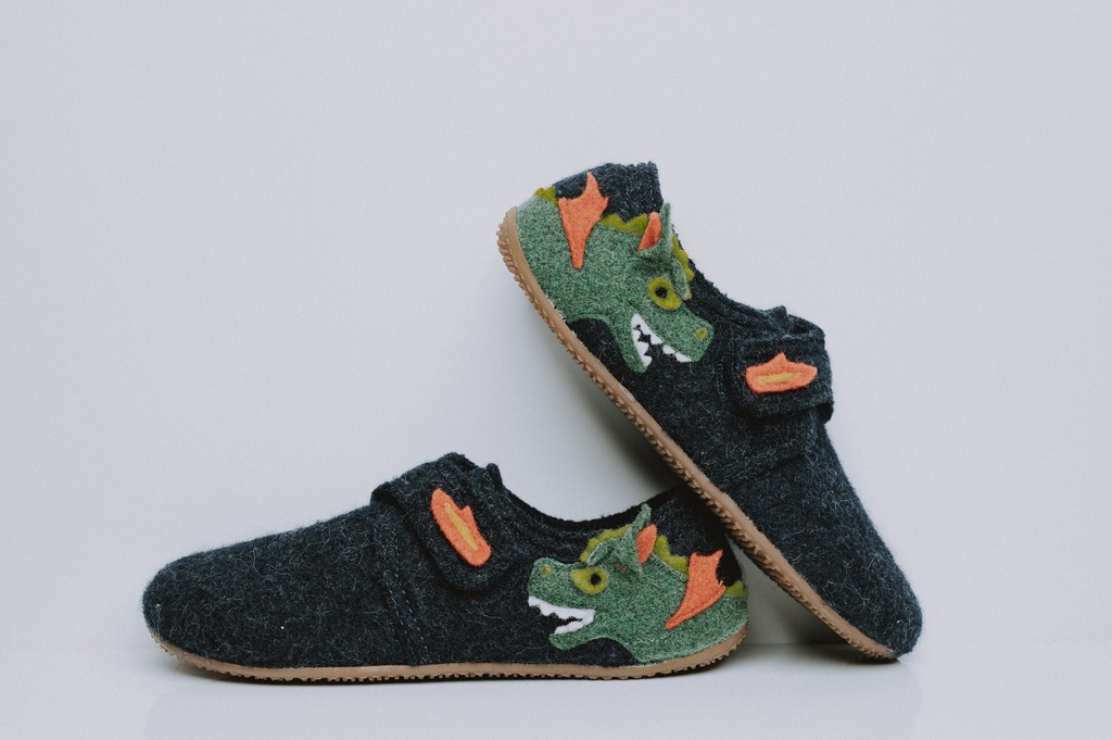 Pantoffel wol donkblauw draak