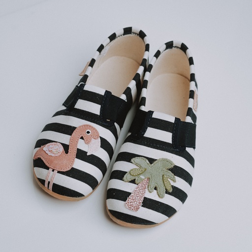 Pantoffel katoen blauw/wit strepen flamingo