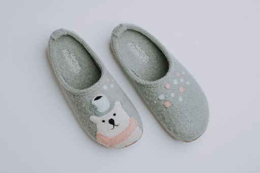Pantoffel wol groen beer insteker 